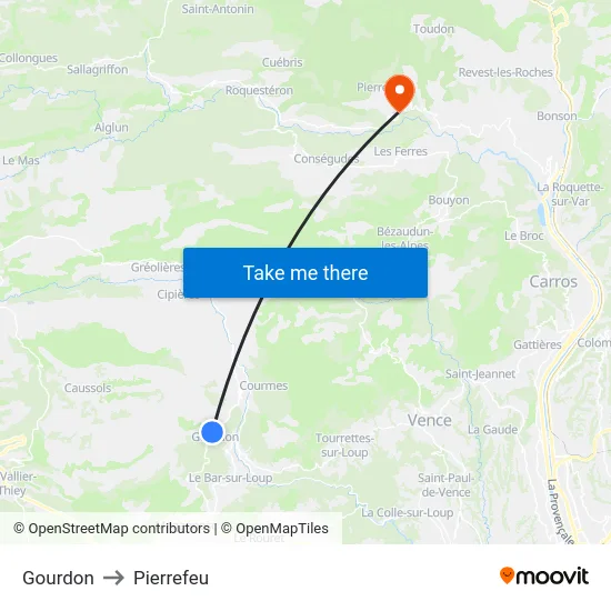Gourdon to Pierrefeu map