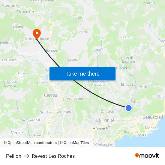 Peillon to Revest-Les-Roches map