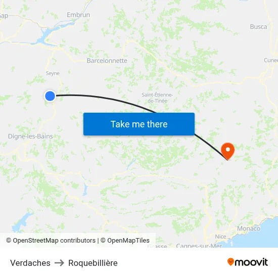 Verdaches to Roquebillière map