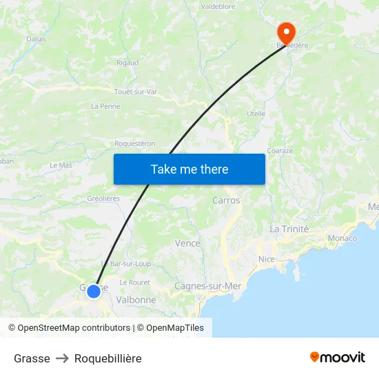 Grasse to Roquebillière map
