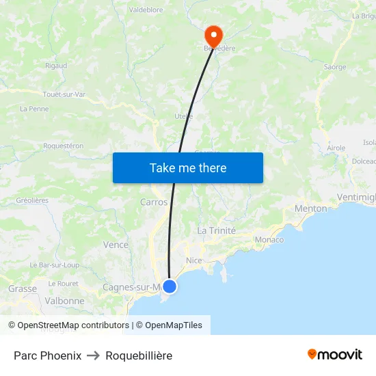 Parc Phoenix to Roquebillière map