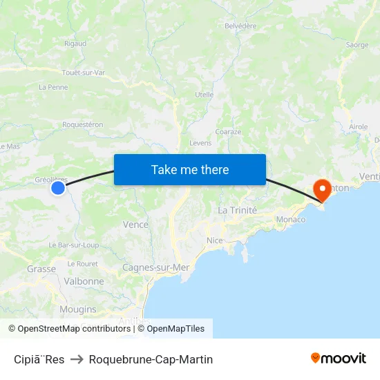 Cipiã¨Res to Roquebrune-Cap-Martin map