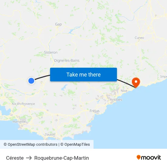 Céreste to Roquebrune-Cap-Martin map