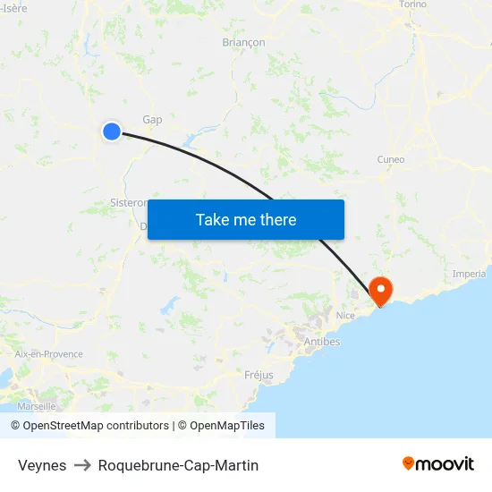 Veynes to Roquebrune-Cap-Martin map