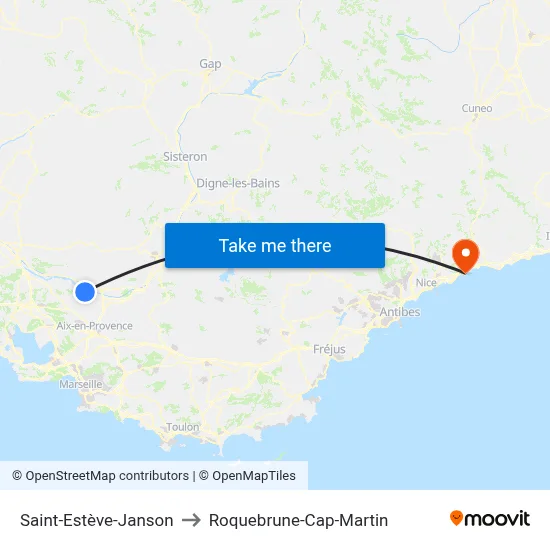 Saint-Estève-Janson to Roquebrune-Cap-Martin map