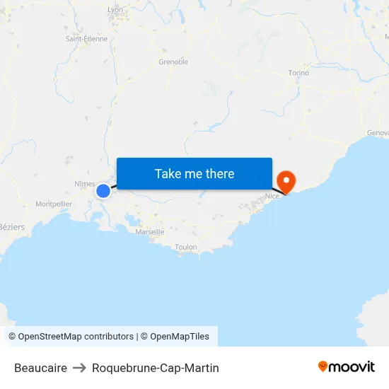 Beaucaire to Roquebrune-Cap-Martin map