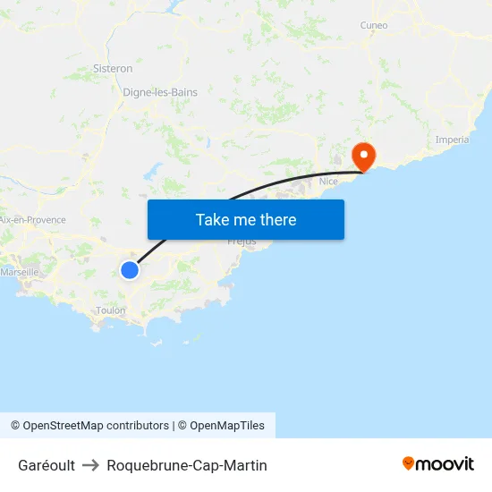 Garéoult to Roquebrune-Cap-Martin map