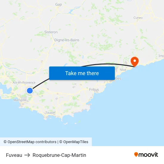 Fuveau to Roquebrune-Cap-Martin map