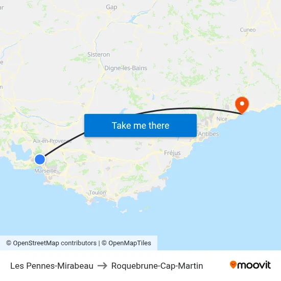 Les Pennes-Mirabeau to Roquebrune-Cap-Martin map