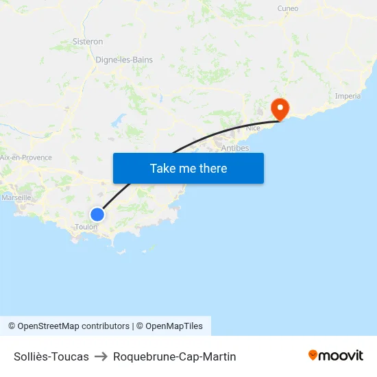 Solliès-Toucas to Roquebrune-Cap-Martin map