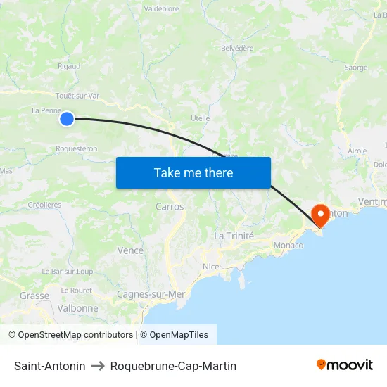 Saint-Antonin to Roquebrune-Cap-Martin map