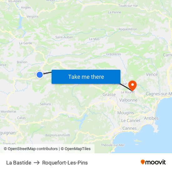 La Bastide to Roquefort-Les-Pins map