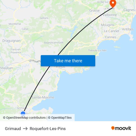 Grimaud to Roquefort-Les-Pins map