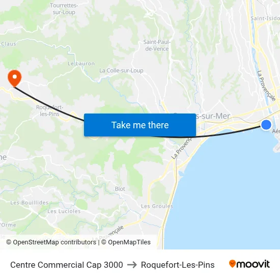 Centre Commercial Cap 3000 to Roquefort-Les-Pins map