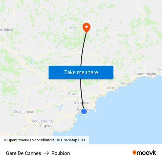 Gare De Cannes to Roubion map