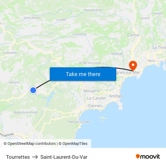 Tourrettes to Saint-Laurent-Du-Var map