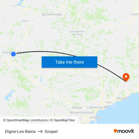 Digne-Les-Bains to Sospel map