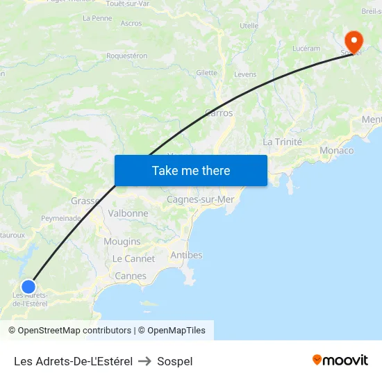 Les Adrets-De-L'Estérel to Sospel map