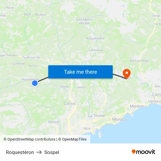 Roquestéron to Sospel map