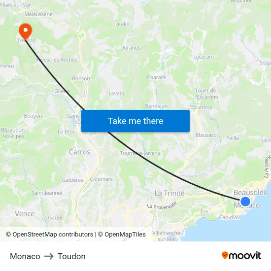 Monaco to Toudon map