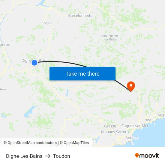 Digne-Les-Bains to Toudon map