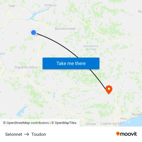 Selonnet to Toudon map