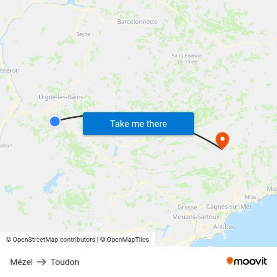 Mézel to Toudon map