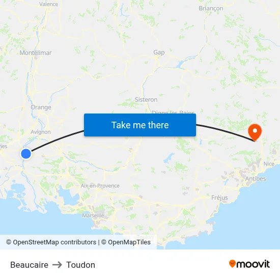 Beaucaire to Toudon map