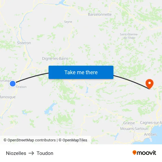 Niozelles to Toudon map