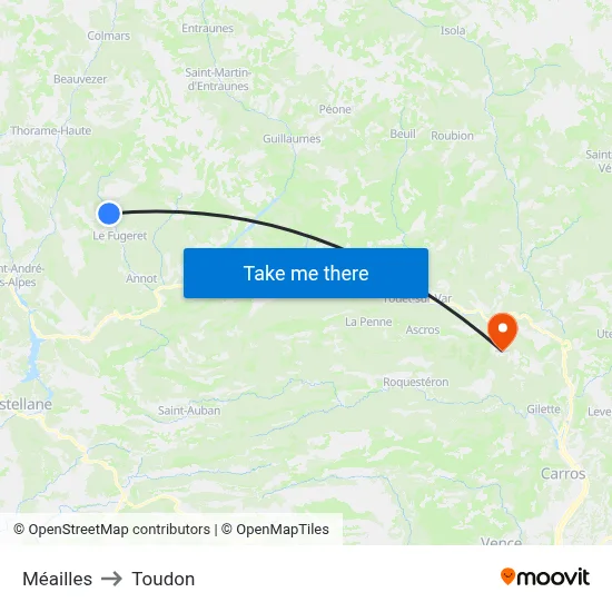 Méailles to Toudon map