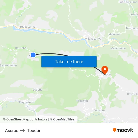 Ascros to Toudon map