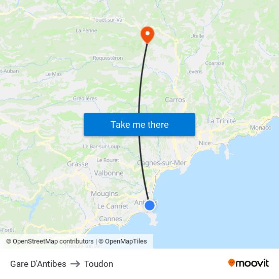 Gare D'Antibes to Toudon map