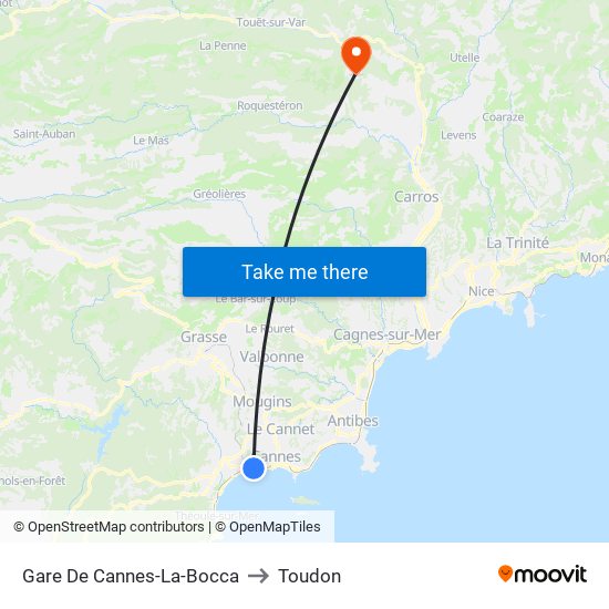 Gare De Cannes-La-Bocca to Toudon map