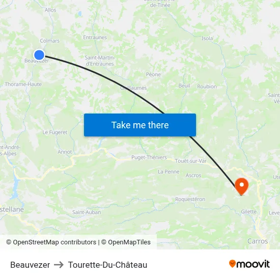 Beauvezer to Tourette-Du-Château map