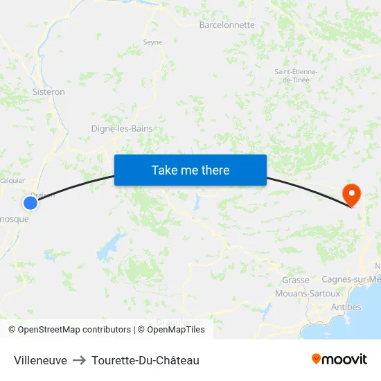 Villeneuve to Tourette-Du-Château map