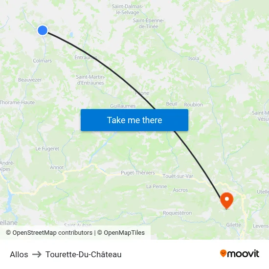 Allos to Tourette-Du-Château map