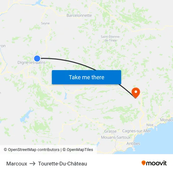 Marcoux to Tourette-Du-Château map