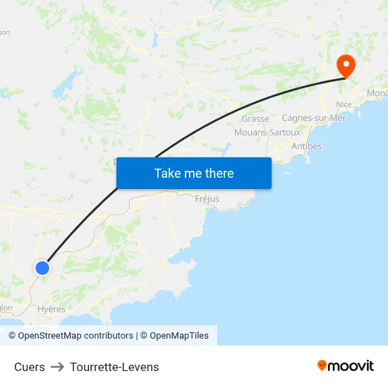 Cuers to Tourrette-Levens map