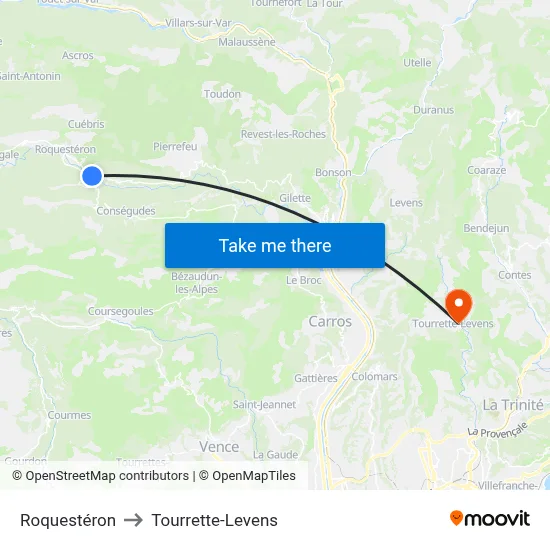 Roquestéron to Tourrette-Levens map