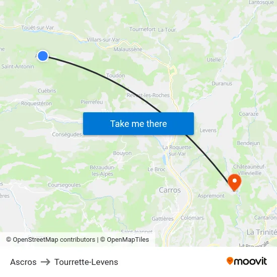 Ascros to Tourrette-Levens map