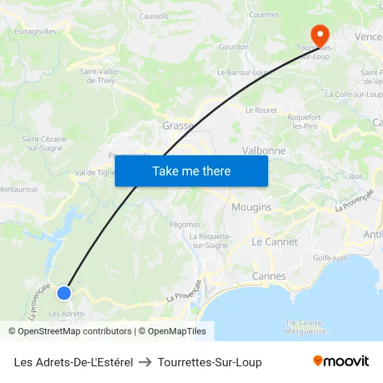 Les Adrets-De-L'Estérel to Tourrettes-Sur-Loup map