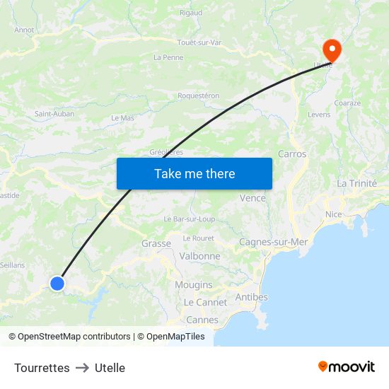 Tourrettes to Utelle map