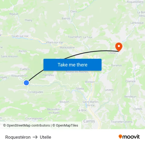 Roquestéron to Utelle map
