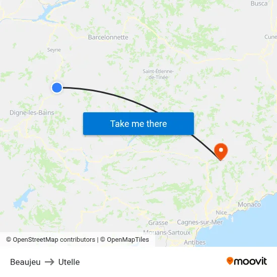 Beaujeu to Utelle map