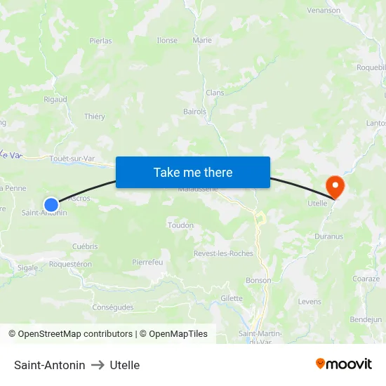 Saint-Antonin to Utelle map