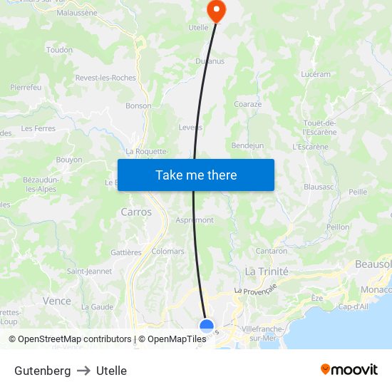 Gutenberg to Utelle map