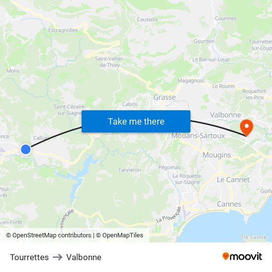Tourrettes to Valbonne map