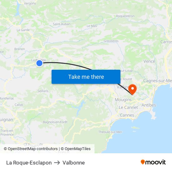 La Roque-Esclapon to Valbonne map