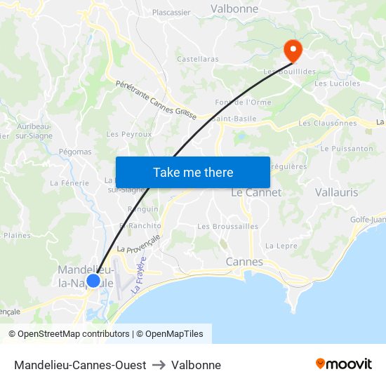Mandelieu-Cannes-Ouest to Valbonne map