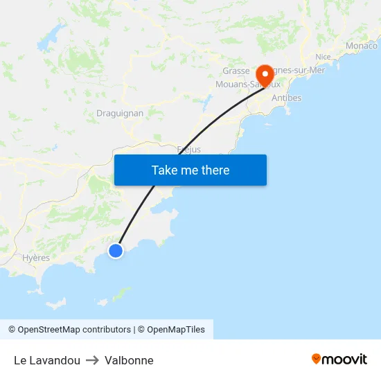 Le Lavandou to Valbonne map